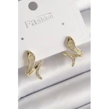 Pirinç Gold Renk Zirkon Taşlı Yılan Model Kadın Küpe