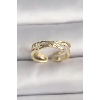 Pirinç Gold Renk Zirkon Taşlı Yıldız Detaylı Ayarlanabilir Kadın Yüzük