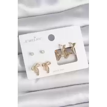 Pirinç Gold Renk Zirkon Taşlı Yıldız Model Fiyonk Detay 3 Çift Kadın Küpe Seti