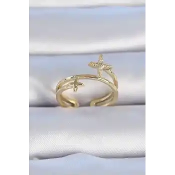 Pirinç Gold Renk Zirkon Taşlı Yıldız Model Kadın Yüzük