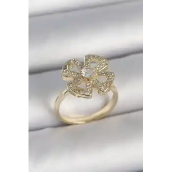 Pirinç Gold Renk Zirkon Taşlı Yonca Model Ayarlanabilir Kadın Yüzük
