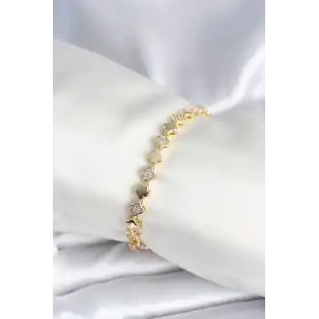 Pirinç Gold Renk Zirkon Taşlı Yonca Model Kadın Bileklik