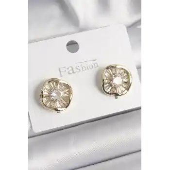 Pirinç Gold Renk Zirkon Taşlı Yonca Model Kadın Küpe