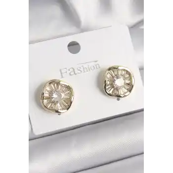 Pirinç Gold Renk Zirkon Taşlı Yonca Model Kadın Küpe