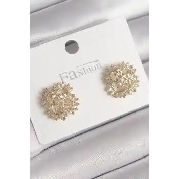 Pirinç Gold Renk Zirkon Taşlı Yonca Model Kadın Küpe