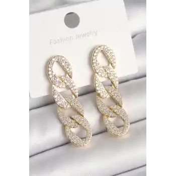 Pirinç Gold Renk Zirkon Taşlı Zincir Model Kadın Küpe
