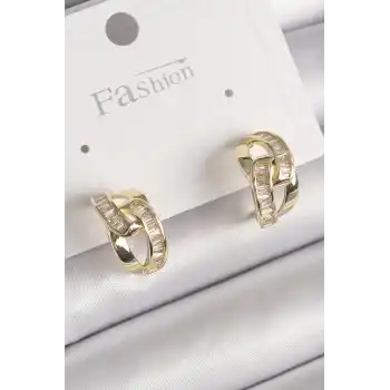 Pirinç Gold Renk Zirkon Taşlı Zincir Model Kadın Küpe