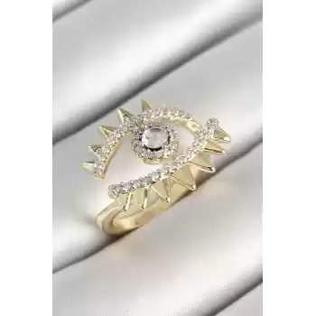 Pirinç Göz Figürlü Zirkon Taşlı Gold Renk Ayarlanabilir Kadın Yüzük