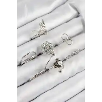 Pirinç Gül Kelebek Model Gümüş Renk Kadın Yüzük Kombin Set
