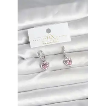 Pirinç Gümüş Pembe Renk Zirkon Taşlı Kalp Model Kadın Küpe