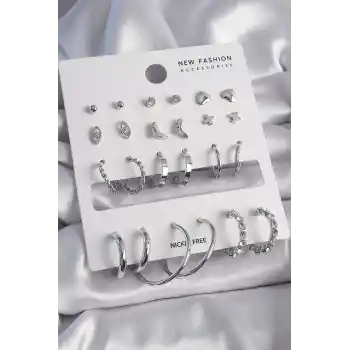 Pirinç Gümüş Renk 12 Çift Kadın Küpe Seti
