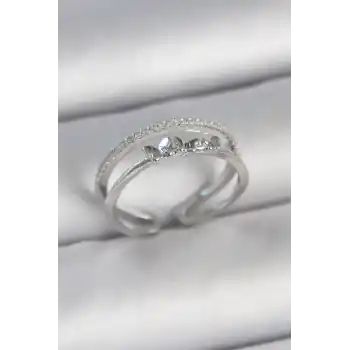 Pirinç Gümüş Renk 2Li Zirkon Taş Detaylı Kelebek Figür Ayarlanabilir Model Kadın Yüzük