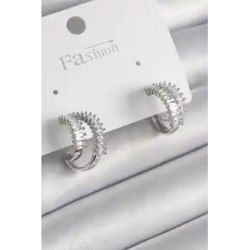 Pirinç Gümüş Renk 2Li Zirkon Taşlı Halka Model Kadın Küpe