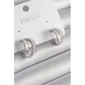 Pirinç Gümüş Renk 2Li Zirkon Taşlı Halka Model Kadın Küpe