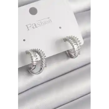 Pirinç Gümüş Renk 2Li Zirkon Taşlı Halka Model Kadın Küpe