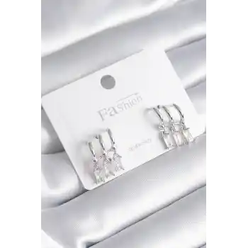 Pirinç Gümüş Renk 3lü Sallantı Zirkon Taşlı Küpe