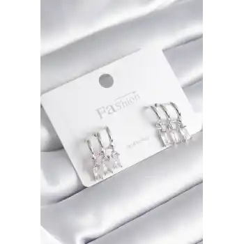 Pirinç Gümüş Renk 3lü Sallantı Zirkon Taşlı Küpe