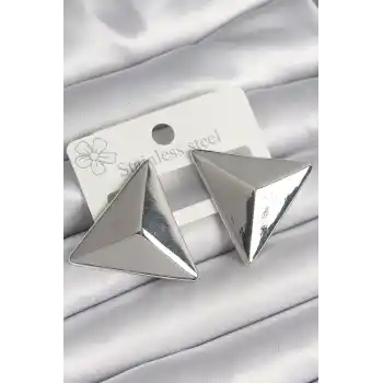 Pirinç Gümüş Renk 3D Üçgen Model Kadın Küpe