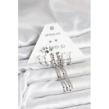 Pirinç Gümüş Renk 6 Çift Kadın Küpe