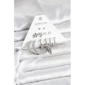 Pirinç Gümüş Renk 6 Çift Kadın Küpe Seti