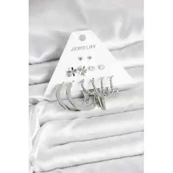 Pirinç Gümüş Renk 6 Çift Kadın Küpe Seti