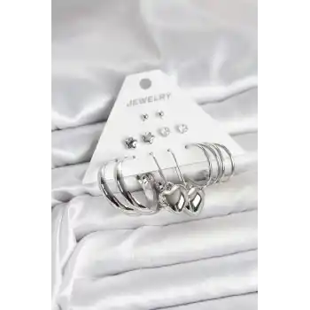 Pirinç Gümüş Renk 6 Çift Kadın Küpe Seti