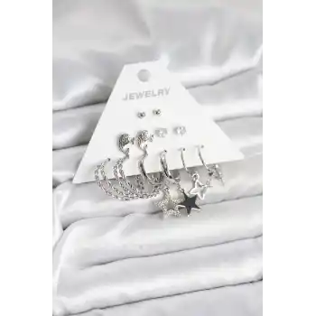 Pirinç Gümüş Renk 6lı Kadın Küpe Seti
