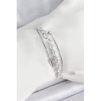 Pirinç Gümüş Renk Arpa Zirkon Taşlı Kadın Bileklik