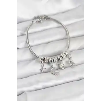 Pirinç Gümüş Renk Ay Charm Model Charmlı Kadın Bileklik