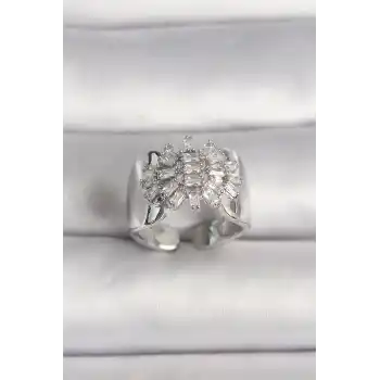 Pirinç Gümüş Renk Ayarlanabilir Baget Zirkon Taş Model Kadın Yüzük