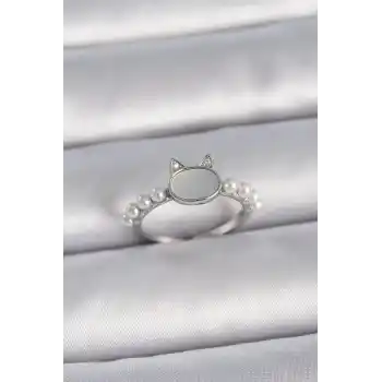 Pirinç Gümüş Renk Ayarlanabilir Beyaz Mineli Kedi Model İnci Detay Kadın Yüzük