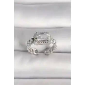 Pirinç Gümüş Renk Ayarlanabilir Zincir Kare Zirkon Taşlı Kadın Yüzük