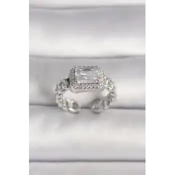 Pirinç Gümüş Renk Ayarlanabilir Zincir Kare Zirkon Taşlı Kadın Yüzük