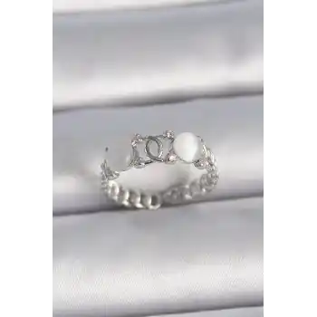 Pirinç Gümüş Renk Ayarlanabilir Zirkon Taşlı Beyaz Mineli Birleşik Halka Model Kadın Yüzük