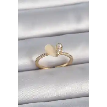 Pirinç Gümüş Renk Ayarlanabilir Zirkon Taşlı Beyaz Mineli Kalp Model Kadın Yüzük