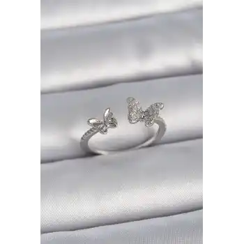 Pirinç Gümüş Renk Ayarlanabilir Zirkon Taşlı Kelebek Model Kadın Yüzük