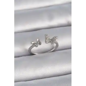 Pirinç Gümüş Renk Ayarlanabilir Zirkon Taşlı Kelebek Model Kadın Yüzük