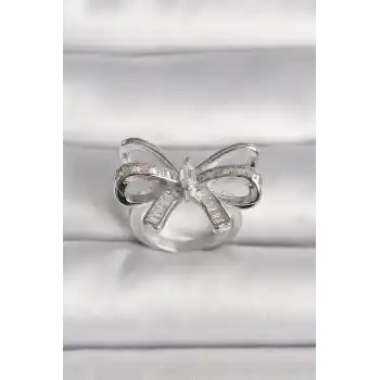 Pirinç Gümüş Renk Ayarlanabilir Zirkon Taşlı Kurdele Model Kadın Yüzük