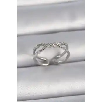 Pirinç Gümüş Renk Ayarlanabilir Zirkon Taşlı Sarmal Model Kadın Yüzük