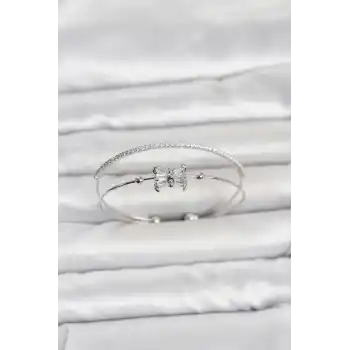 Pirinç Gümüş Renk Baget Zirkon Taşlı Objeli Kadın Bileklik
