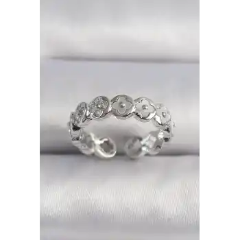 Pirinç Gümüş Renk Beyaz Sedefli Yonca Model Kadın Yüzük