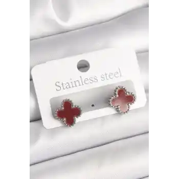 Pirinç Gümüş Renk Bordo Yonca Model Kadın Küpe