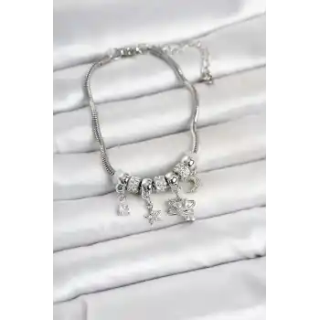 Pirinç Gümüş Renk Charmlı Kadın Bileklik