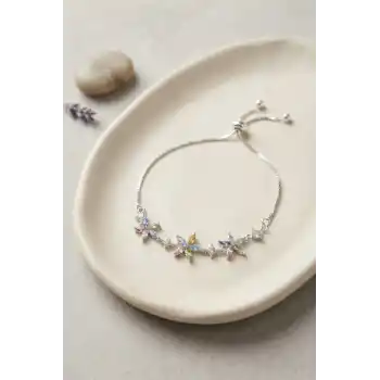 Pirinç Gümüş Renk Çiçekli Model Zirkon Taşlı Asansörlü Bileklik