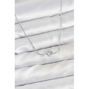 Pirinç Gümüş Renk Düğüm Kalp Model Kadın Kolye