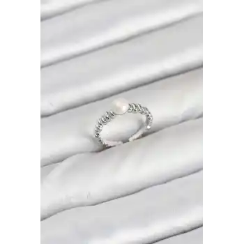 Pirinç Gümüş Renk Göbek İnci Model Kadın Yüzük