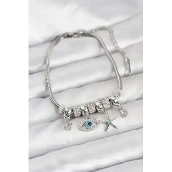 Pirinç Gümüş Renk Göz Model Charmlı Kadın Bileklik