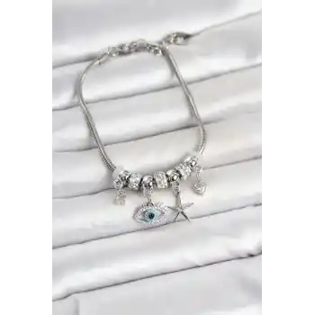 Pirinç Gümüş Renk Göz Model Charmlı Kadın Bileklik