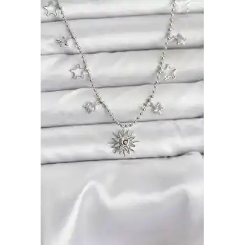 Pirinç Gümüş Renk Güneş Model Kadın Kolye