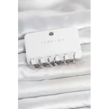 Pirinç Gümüş Renk Halka Kadın Küpe Seti